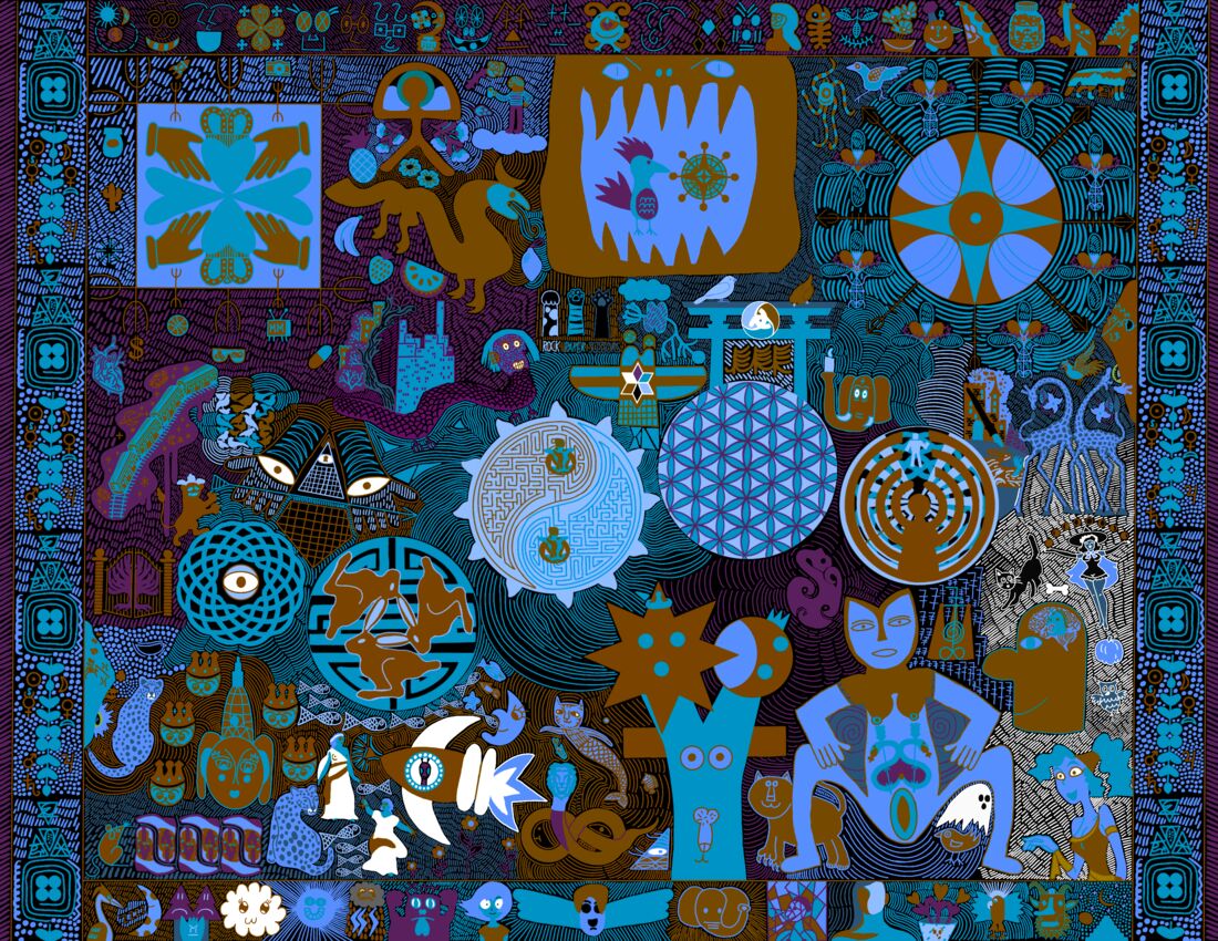 Matthew Mahoney’s intricate blue composition of imagined creatures, geometric forms, and personal symbols